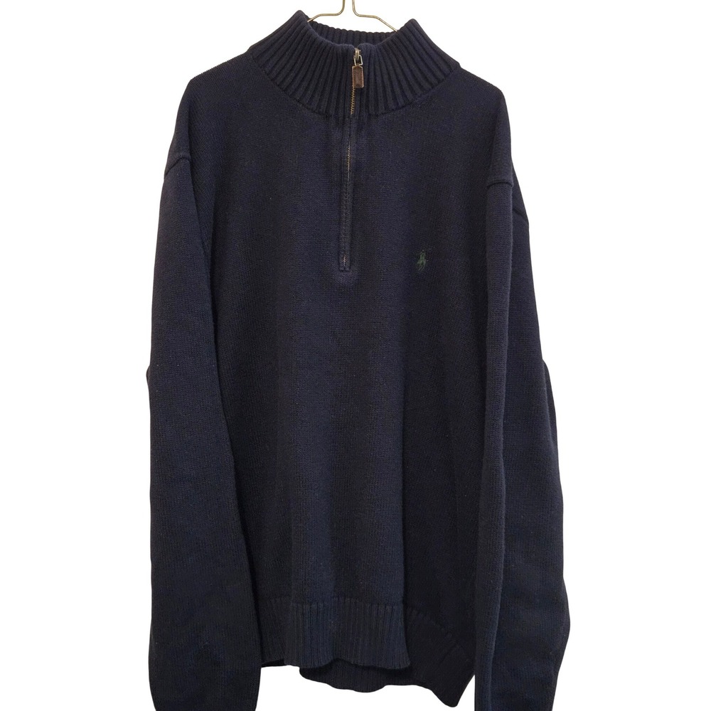 VTG Polo Ralph Lauren Men Navy Blue 100% Cotton Quarter Zip Sweater Size L